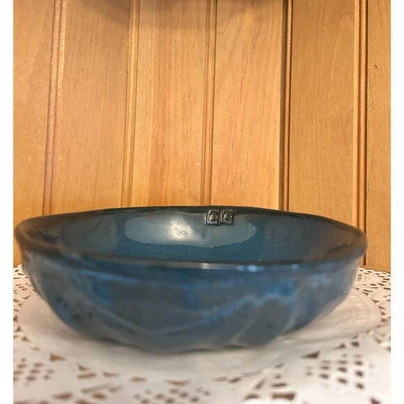 Handmade Teal Blue Studio Pottery Ceramic Bowl Floral Design Artist Signed TT - Picture 4 of 5